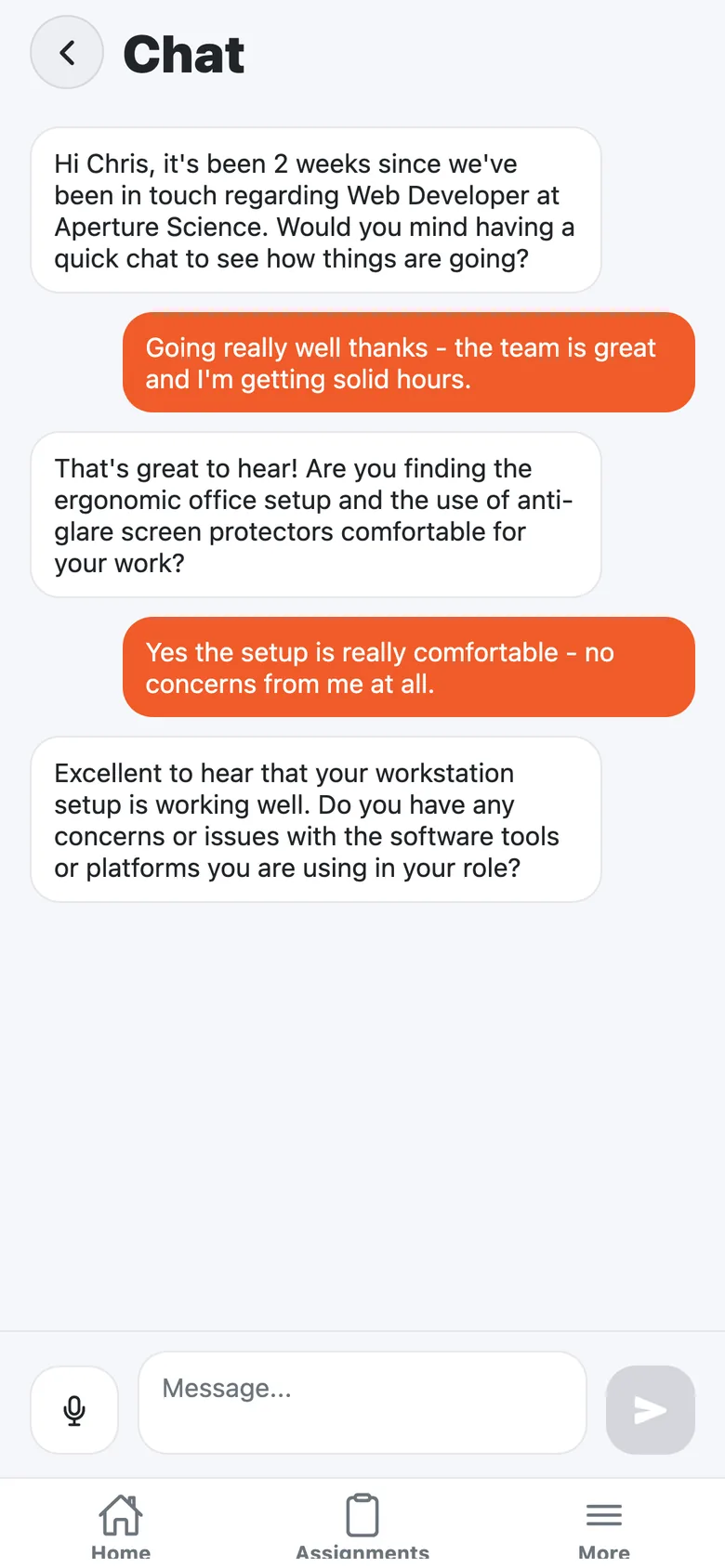 A RecruitChatBot welfare-check conversation in the candidate app, in the agency's brand colours