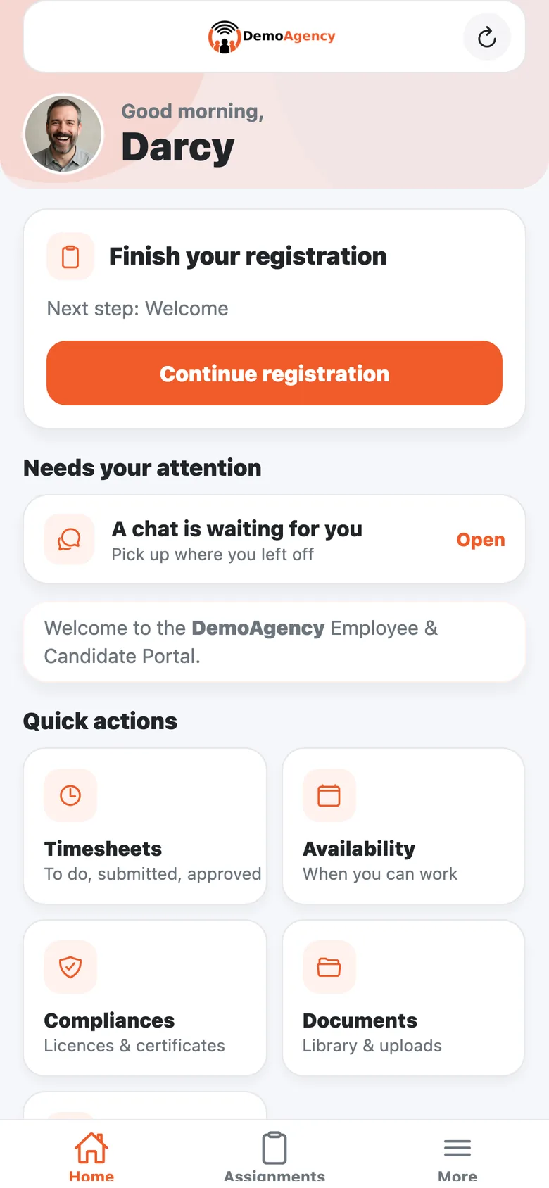 The candidate app home screen in the agency's brand: greeting, registration progress, a waiting chat and quick actions