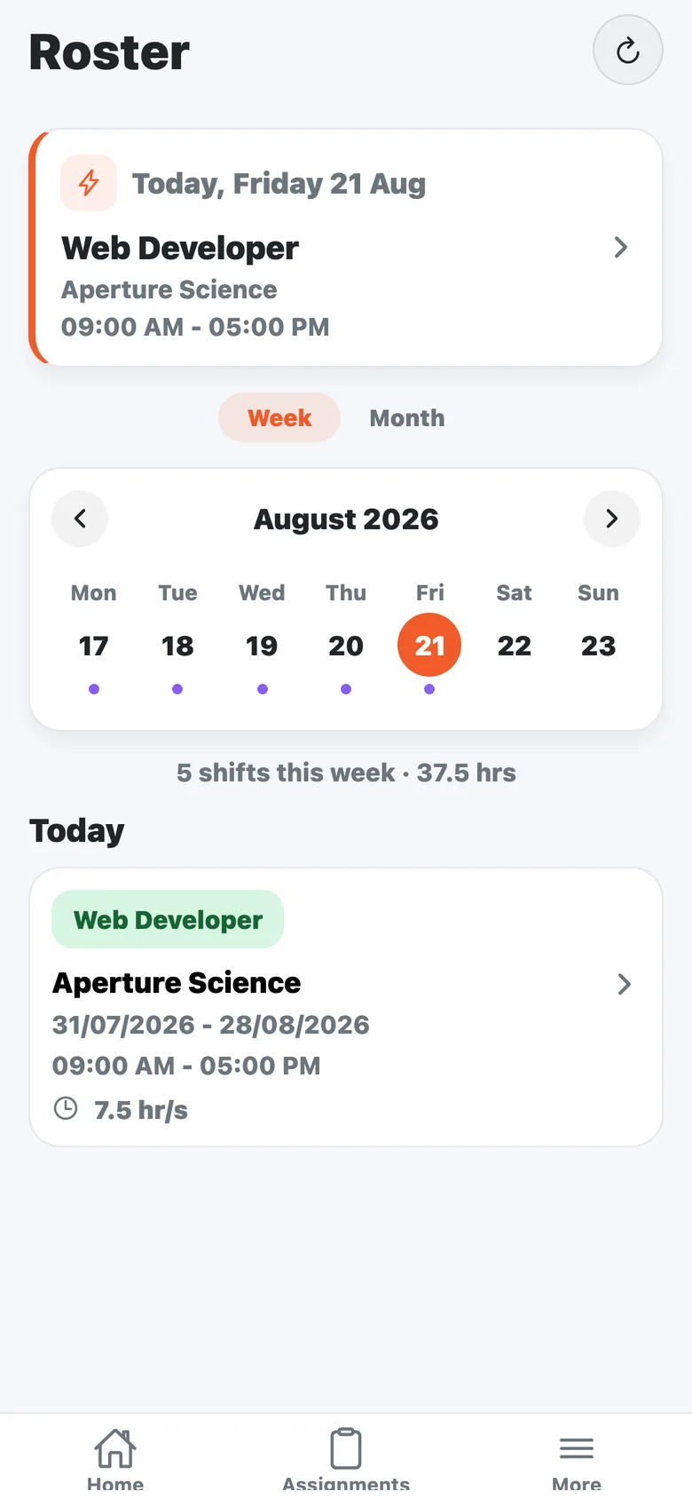 The candidate app roster: today's shift with client and times, week calendar and hours for the week