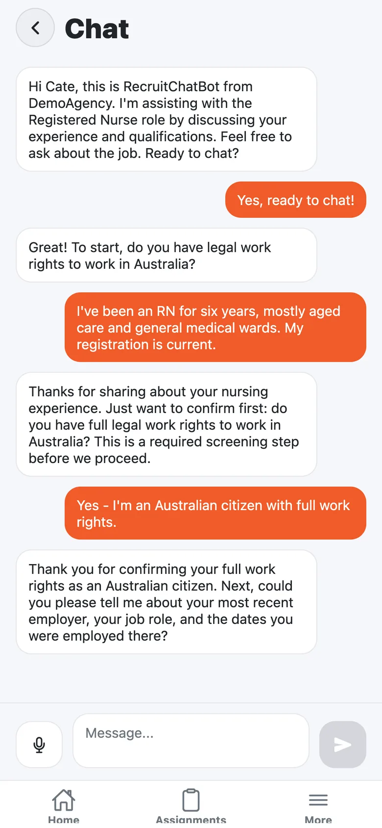 A live RecruitChatBot screening in the candidate app: work rights confirmed before interview questions begin