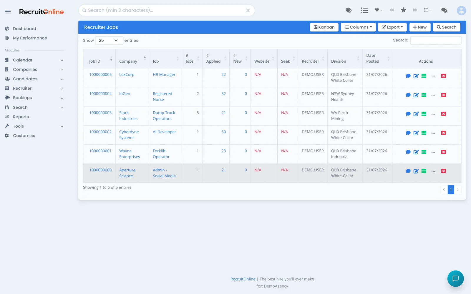 The Recruiter Jobs list: every open role with its live applicant count, owner and status