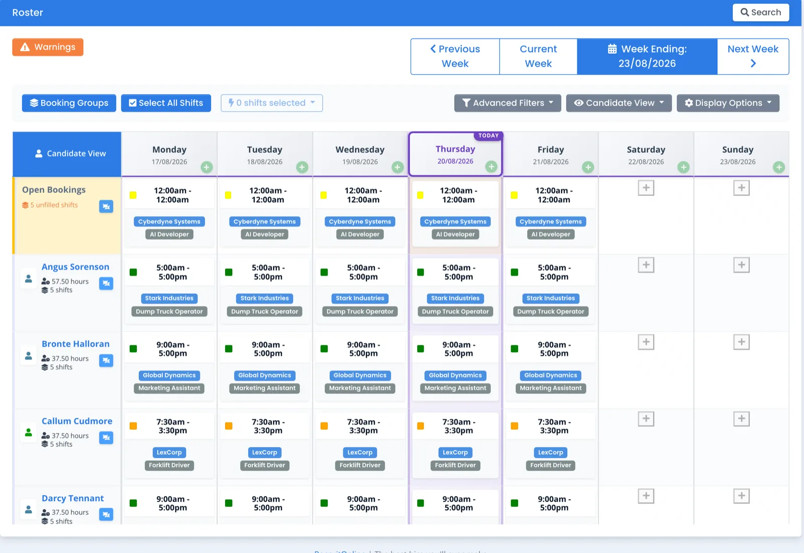 The roster board: shifts by day with filled and open bookings across clients