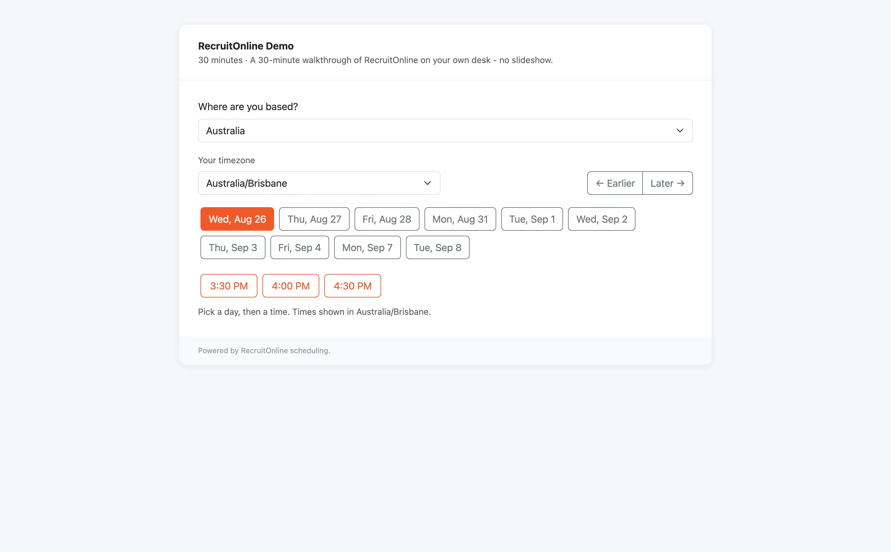 The public scheduling page: a visitor picks a day and time from the team's live availability, shown in their own timezone